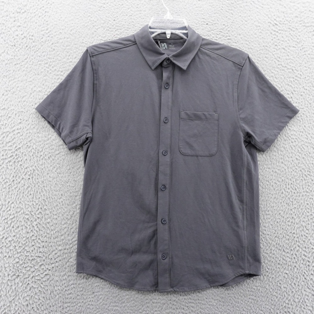 VRST Mens Refined Knit Button Down Shirt Graphic Gray Short Sleeve Small NEW